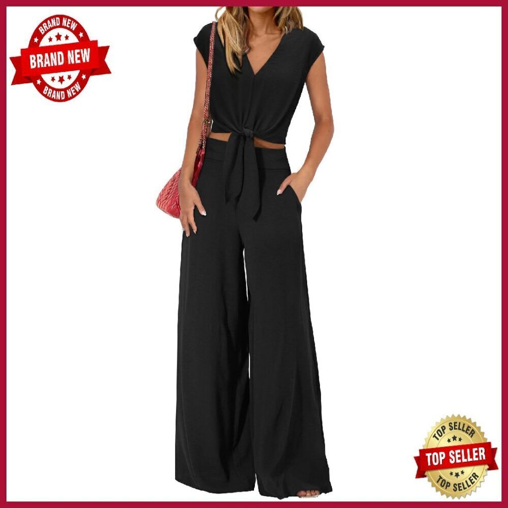 Women's 2 Piece Set V Neck Crop Top Wide Leg Pants Casual Outfit